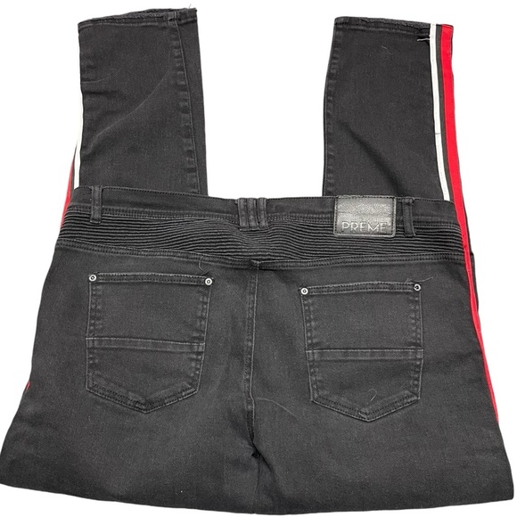 Preme Men’s Black 42x34 Devotion Moto Distressed Skinny Jean Red White Stripes - Picture 8 of 13